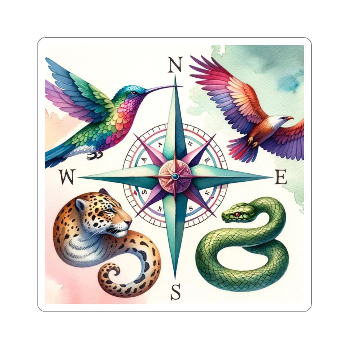 Compass Rose with Hummingbird, Eagle, Jaguar & Snake Sticker | Kiss-Cut Sticker