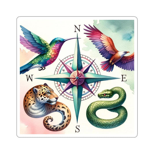 Compass Rose with Hummingbird, Eagle, Jaguar & Snake Sticker | Kiss-Cut Sticker