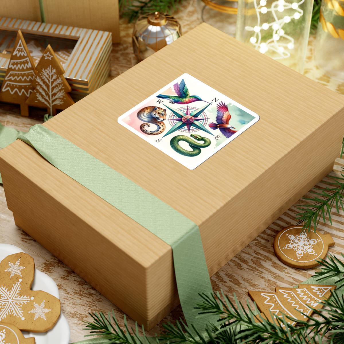 Compass Rose with Hummingbird, Eagle, Jaguar & Snake Sticker | Kiss-Cut Sticker