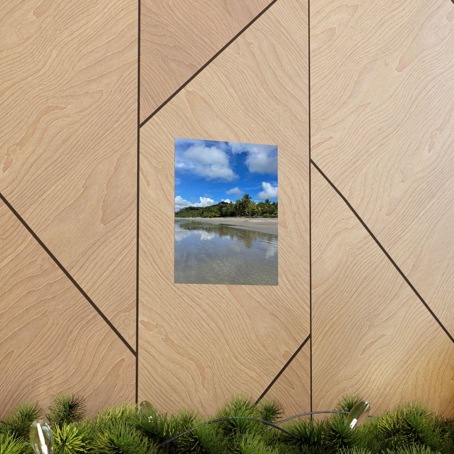 Tropical Beach Reflection Poster | Matte Vertical Wall Art, Palm Trees Shoreline