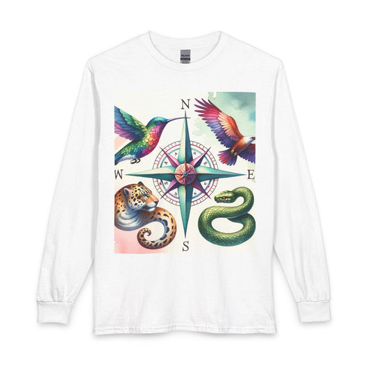 Compass with Hummingbirds, Jaguar & Snake Long Sleeve Tee | Nature Tattoo Art