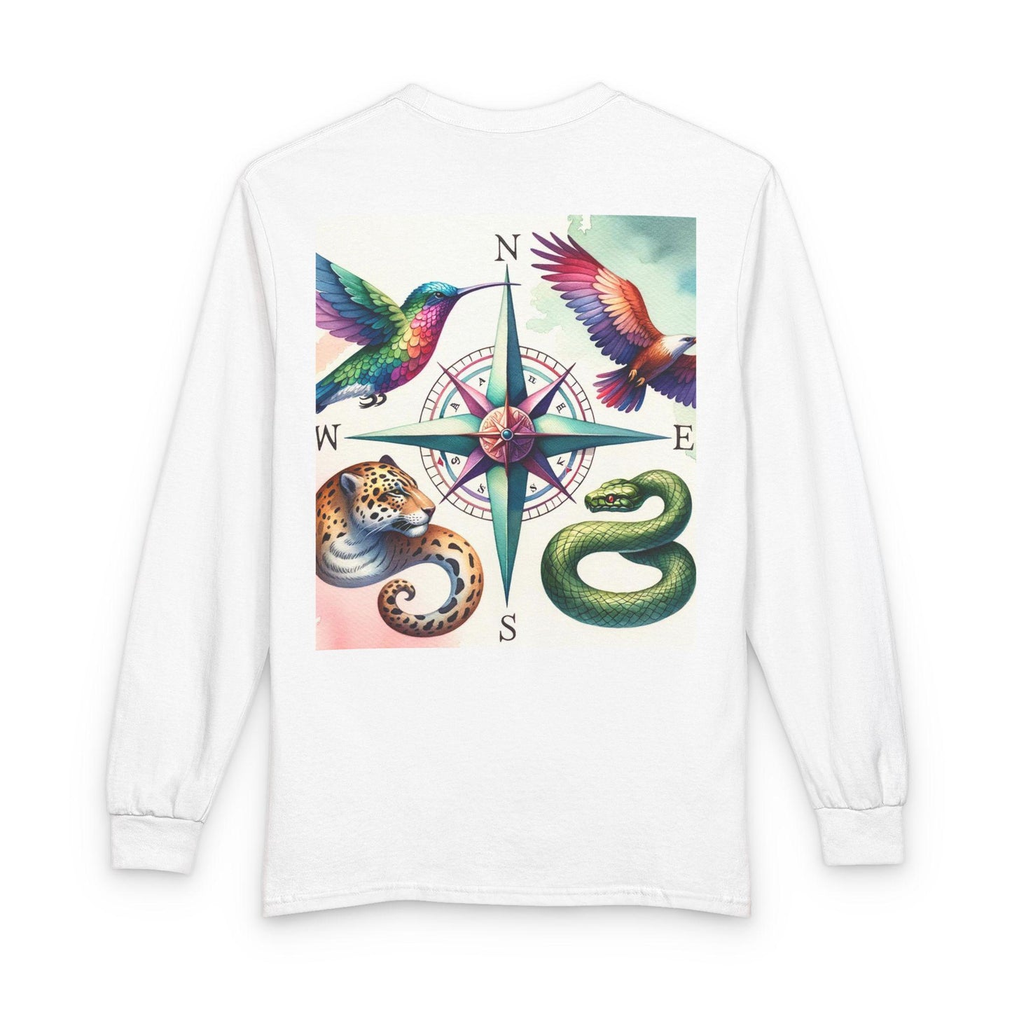 Compass with Hummingbirds, Jaguar & Snake Long Sleeve Tee | Nature Tattoo Art