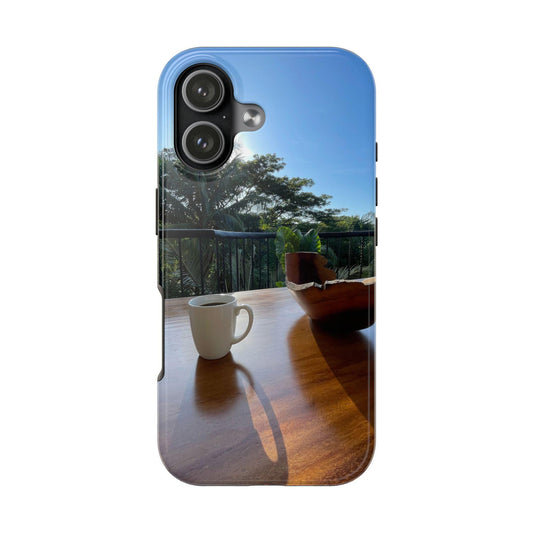 Morning Coffee Balcony scene Phone Case For iPhone 17 | sunrise, mug, patio view
